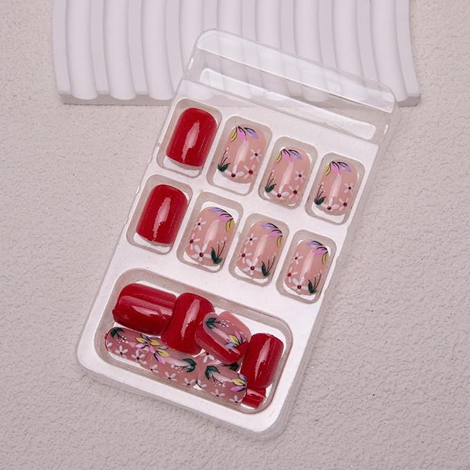 Flowers Press on Nails Short Square Fake Nails Red Spring Acrylic Nails Floral False Nails Glossy Glue on Nails Stick on Nails Cute Artificial Nails for Women Girls Manicure 24Pcs
