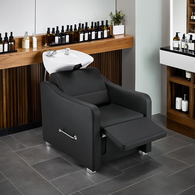 BarberPub Backwash Shampoo Station Chair, Adjustable Porcelain Ceramic Hair Wash Bowl with Chair, Shampoo Station for Barber Shop, Spa Beauty Salon Equipment 9364 (Black)
