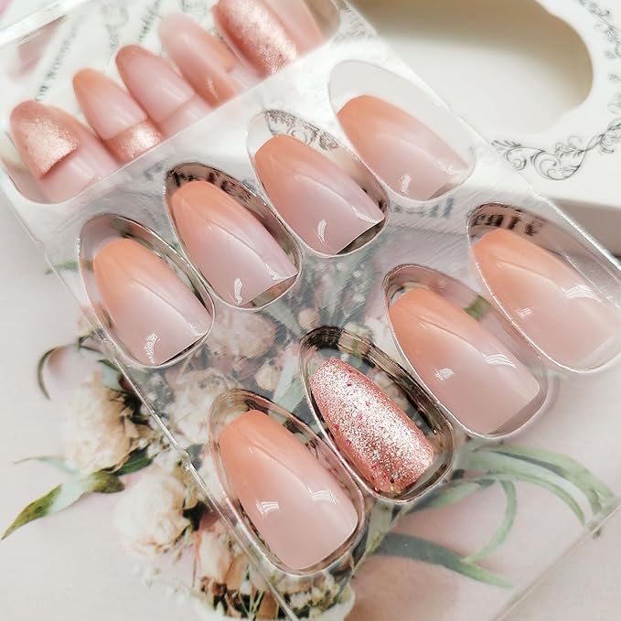 Gradient Orange Press on Nails Short Coffin - Golden Glitter Short Fake Nails Press ons, Full Cover Glue on Nails Glossy Artificial Acrylic Nails for Women 24 Pcs