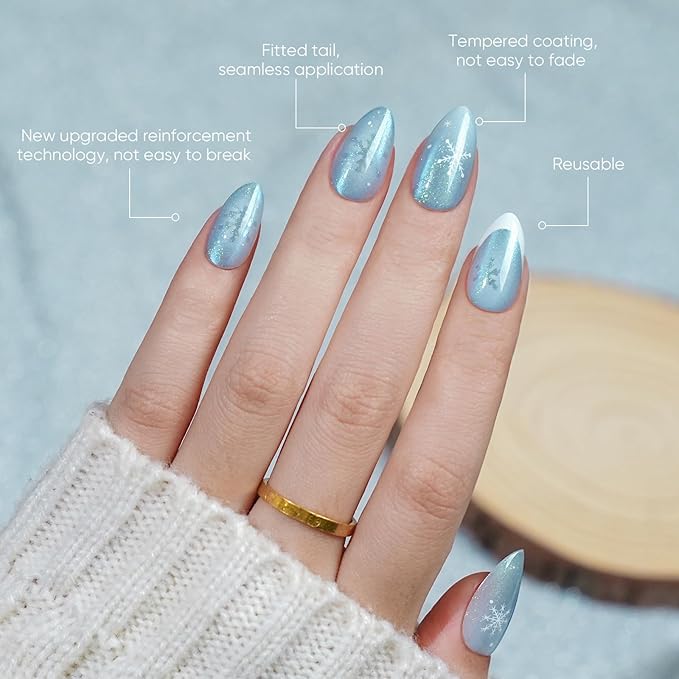 Christmas Press On Nails Almond - Jofay Fashion Blue Aurora Cat Eye Snowflake Press On Nails, Acrylic Fake Nails with Glue, Reusable Soft Gel Glue On Nails for Women 32Pcs in 16 Sizes