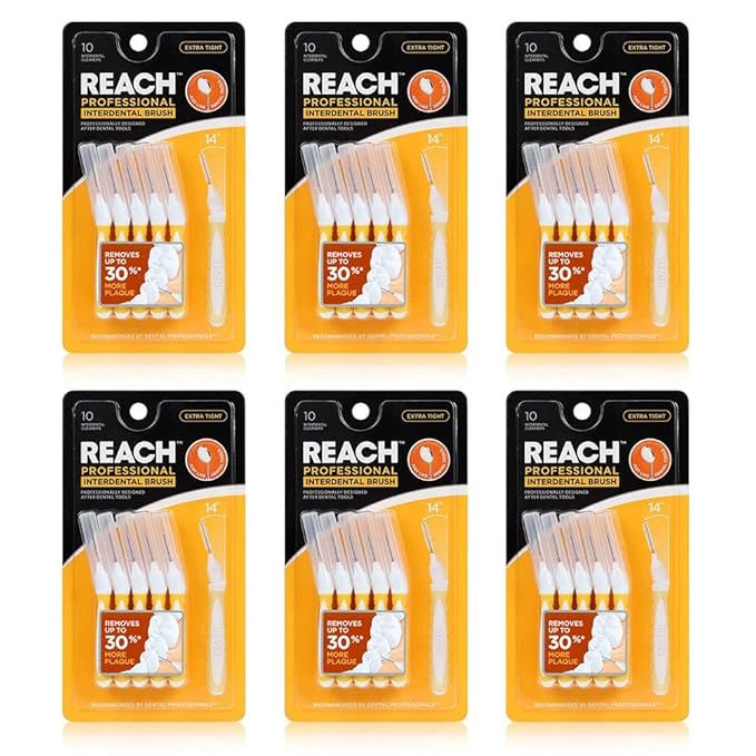 Reach Interdental Brush Cleaners, 0.7mm, Extra Tight, Sensitive Gum Protection, Plaque Remover for Teeth, Braces Flossers, Braces Brush, Dental Toothbrushes, Oral Care, 6 Pack, 10 Count