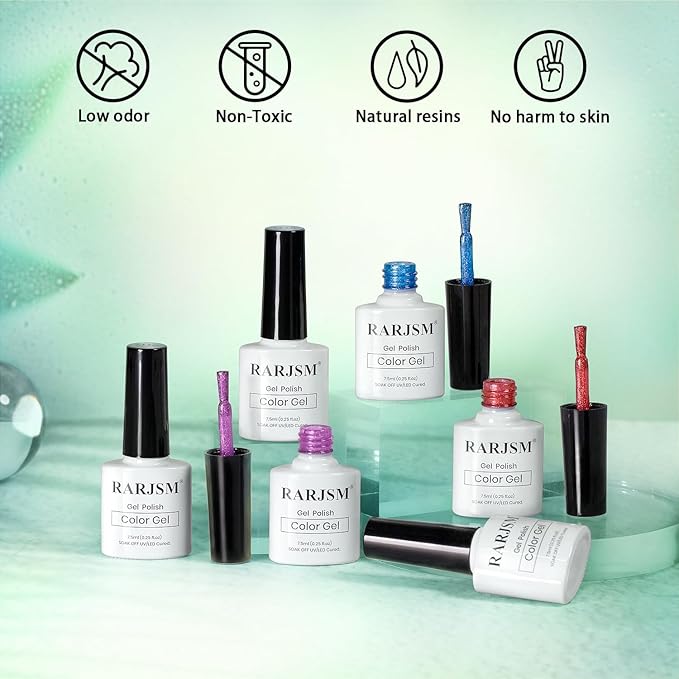 RARJSM Neon Diamond Cat Eye Gel Nail Polish Set 6 Colors Velvet Silver Glitter Bright Green Lake Blue Red Rose Purple Gel Polish with Magnet Stick UV LED Curing Requires Soak Off Home Salon Diy