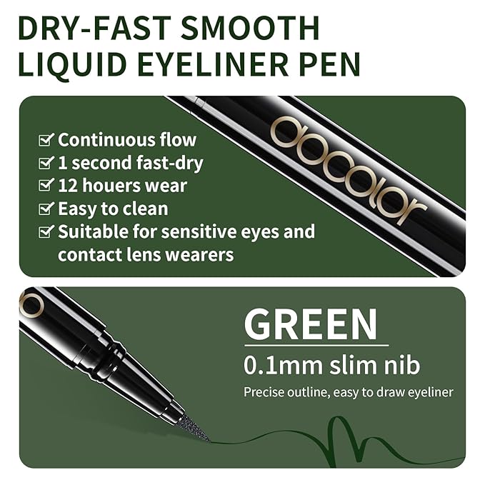 docolor Waterproof Eyeliner Pen Super Slim Liquid Eyeliner Eye Liner Gel (Green)