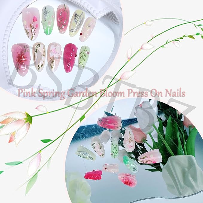 30Pcs Floral Press On Nails Short Almond Nails with Colorful Flower Butterfly Designs Hand-Painted Leaves Stick On Nails Multi-color French Tip Press Ons Handmade Elegant Set for Spring & Summer