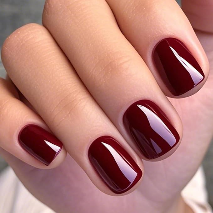 GLAMERMAID Extra Short Press on Nails 24PCS, Handmade Gothic Burgundy red Jelly Fall Gel Glue on Nails, Glossy Round Reusable UV Finish Fake Nails Acrylic False Nails Manicure Kits for Women