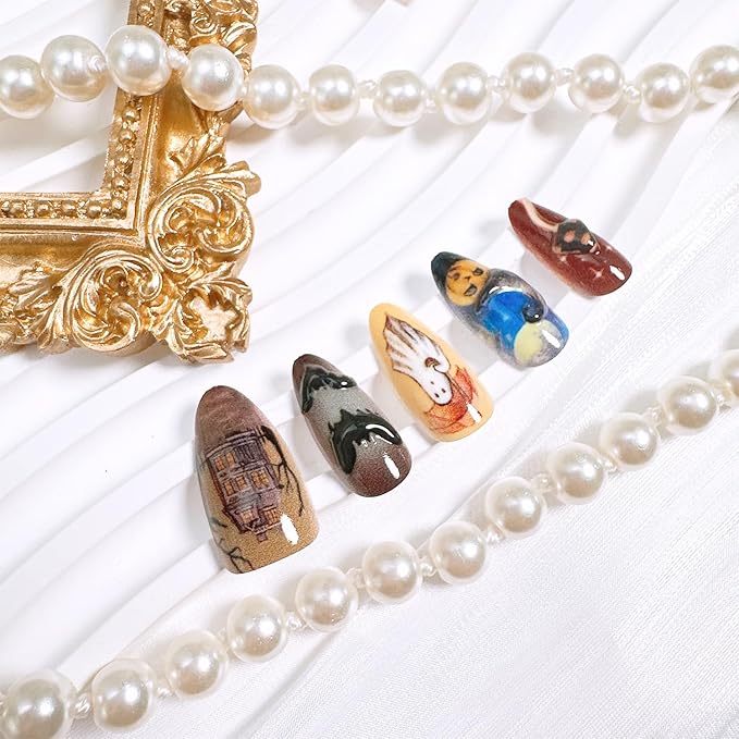 30pcs Halloween Press on Nails Medium Almond Fake Nails with 3D Spider Bat Designs Castle Black Horror Cat Pumpkin Ghost False Nails Kit Halloween Acrylic Nail Tips Full Cover Stick on Nails for Women