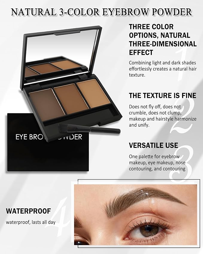 Eyebrow Powder Kit,3 Color Auburn Brown Black Gray Eye Brow Powder Palette with Razor Brush, Long Lasting Waterproof Brow Filler Fill & Sculpt Full Eyebrows, Thanksgiving Makeup Gift Set for Women-03