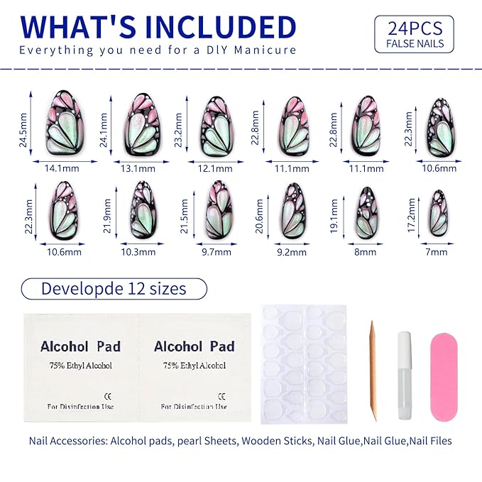 3D Butterfly Wing Press On Nails Almond - 24PCS Pink Iridescent Medium Fake Nails with Design, Glossy Reusable Stick On Nails for Women, Cute Nail Art for DIY, Party, Daily Wear