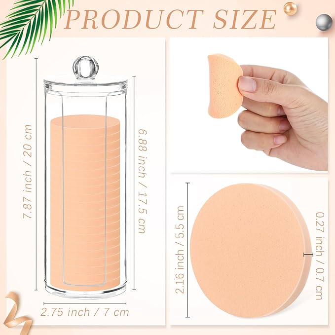 Dandat 20 Pcs Round Makeup Sponge with Acrylic Container Compact Powder Puff Cosmetic Sponge Round Foam Pad Beauty Face Makeup Foundation Powder Blender for Wet and Dry Dual Use(Skin Color)