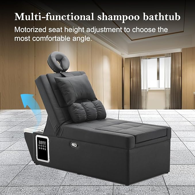 Massage Bed with Shampoo Bowl - Professional Head Spa Equipment for Beauty Salons, Adjustable Backwash Unit with Foot Bath Function, Beauty Bed, Black