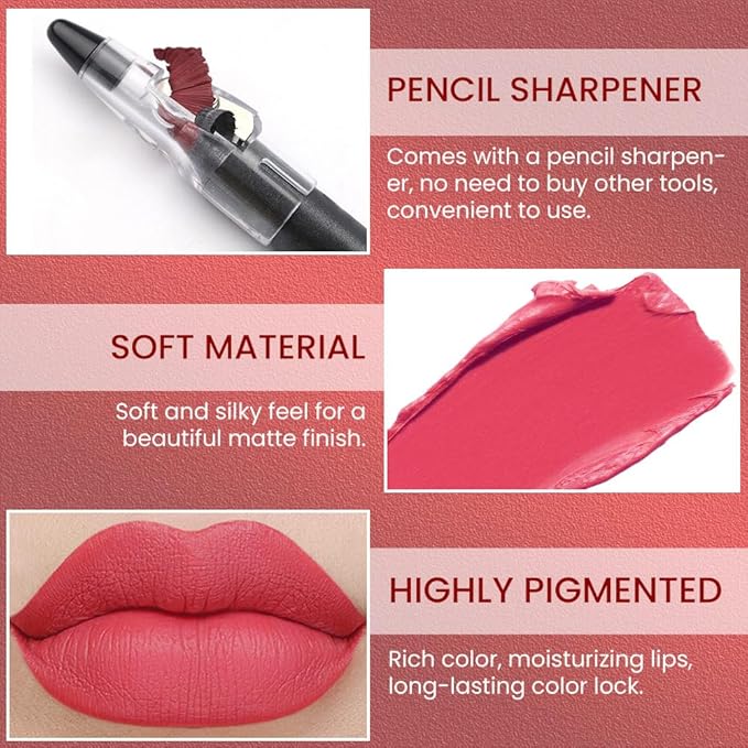 Peach Pink Crayon Matte Lipstick Lip Liner Pencil, Moisture Smooth Lipstick Pencil, With pencil sharpener Sharpenable Lip Pencil, Ultimate Lip Crayon for Women Smudgeproof Waterproof 13#