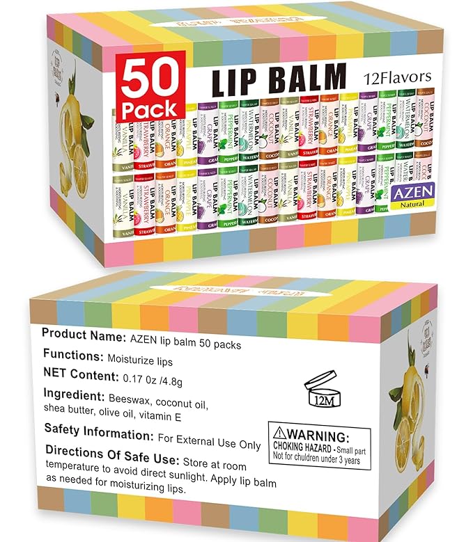 AZEN 50 Pack Lip Balm, Natural Lip Balm Bulk, Lip Care Product, Moisturizing Lip Balm for dry cracked lips