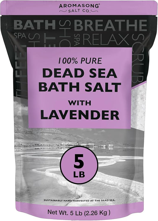 Aromasong Pure Dead Sea Salt for Soaking with 100% Natural Lavender, 5 LB - Spa Bath Salt Fine Grain - Body Wash Scrub - Soak for Women & Men- Bulk Resealable Pack (Packaging May Vary)
