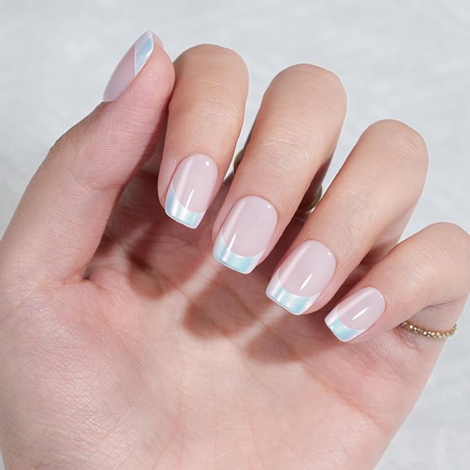 French Tip Press on Nails Short, Jofay Fashion Soft Gel Fake Nails, Classic Aurora French Nails, Reusable & Natural Acrylic False Nails, Stick on Nails for Women Girls Gift, Glue on Nails Kit 32 Pcs