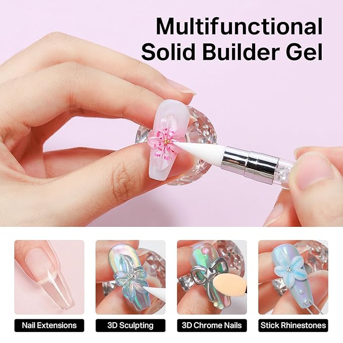 MIZHSE 2PCS 60g Clear and White Solid Builder Gel for Nails, 3D Sculpting Gel for Nail Art with Gold Silver Chrome Powder Nail Form Molding Builder Gels Kit for Women Home DIY Manicure
