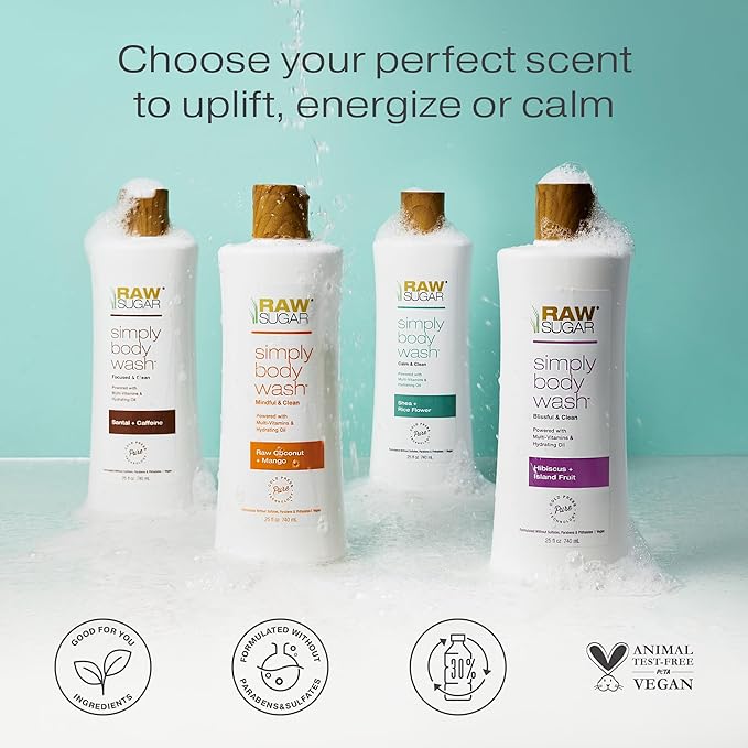 RAW SUGAR Simply Body Wash - Santal + Caffeine, Moisturizing & Soothing Bath & Shower Gel, Sulfate-Free, Paraben-Free & Vegan (25 Fl Oz, Pack of 1)