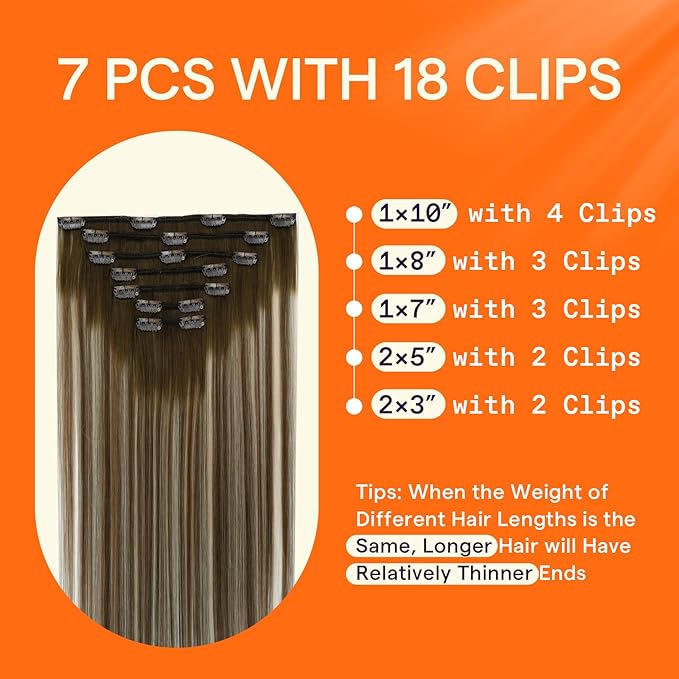 Full Shine Clip in Hair Extensions Balayage Invisible Hair Extensions Human Hair Balayage Medium Brown to Ash Brown Mix Light Blonde Double Weft Human Hair Clip in Extensions 18 Inch 7 Pcs 120 G