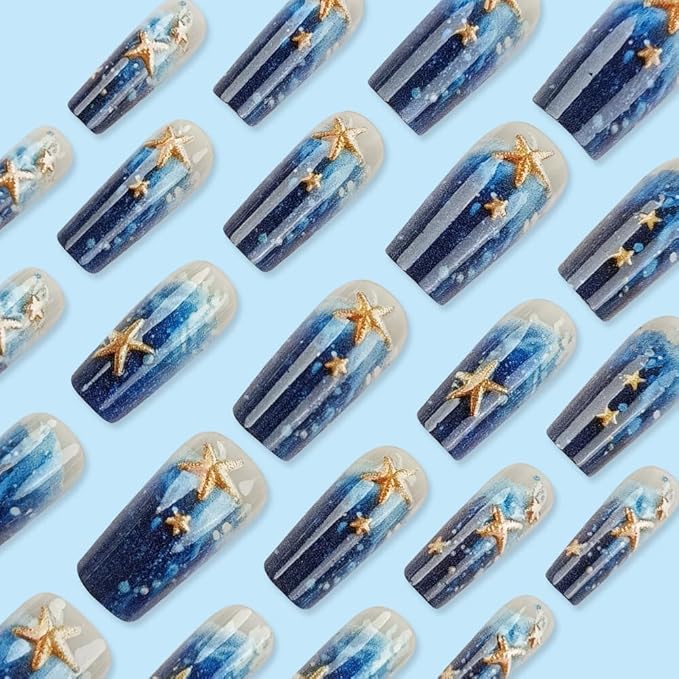 Medium Square Press on Nails Sea Blue Fake Nails 3D Starfish Acrylic Full Cover False Nails with Designs Glossy Glue on Nails Summer Beach Stick on Nails Cute Artificial Nails for Women Girls 24PCS