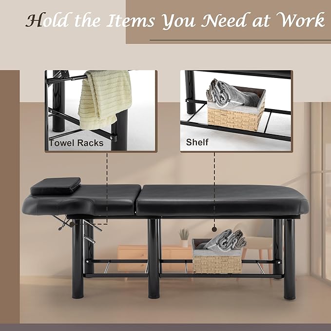Professional Massage Bed Stationary Adjustable Massage Table Spa Bed 73" x27.5” Physical Therapy Table with Memory Foam Salon Bed w/Removable Headrest Black