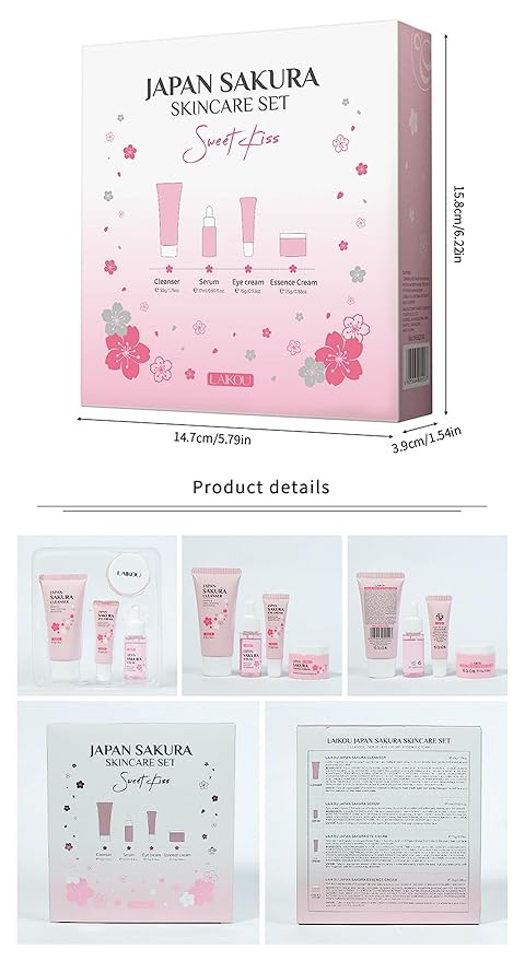 Gentle Skin Daily Skincare Set for Teen Girls & Women, JAPAN SAKURA Face Care Kit Includes Cleanser Hydrating Serum Essence Eye Cream, Sensitive Skin & Travel Essentials (4PCS)