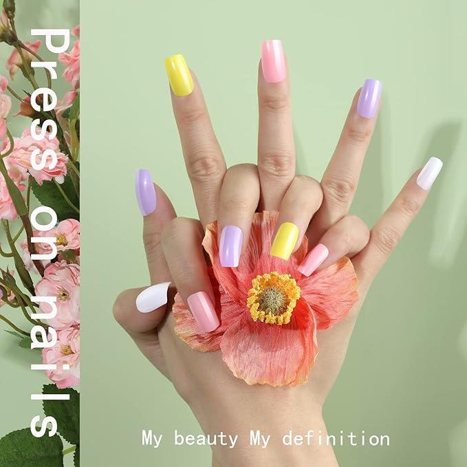 FANDAMEI 24 Colors Press on Nails Square, 24 Packs 576PCS Press on Nails Medium Glossy, Lightweight Natural Fake Nails Full Cover, False Nails with Glue, Short Square Acrylic