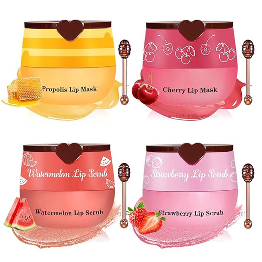 4PCS Lip Scrub and Mask Set,Cherry and Honey Pot Lip Balm,Strawberry and Watermelon Lip Exfoliator Scrub and Moisturizer,Repair Lips Sleeping Mask,Reduce Fine Lines Lips Care Set
