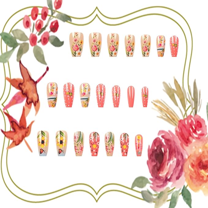 Flower Press on Nails Medium Ballet Shaped Spring Summer False Nail Colorful Floral Butterfly Pattern Design Artificial Stick on Nail Press Ons with Blossom Design Acrylic Glue on Nails for Women