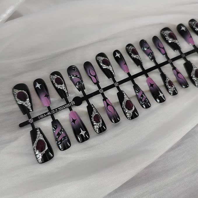Gothic Press on Nails Medium Coffin Fake Nails Black Purple False Nail Horror Snake Flame Star Designs 3D Gems Silver Metal Acrylic Nails Full Cover Glue on Nails for Women DIY Manicure, 30Pcs