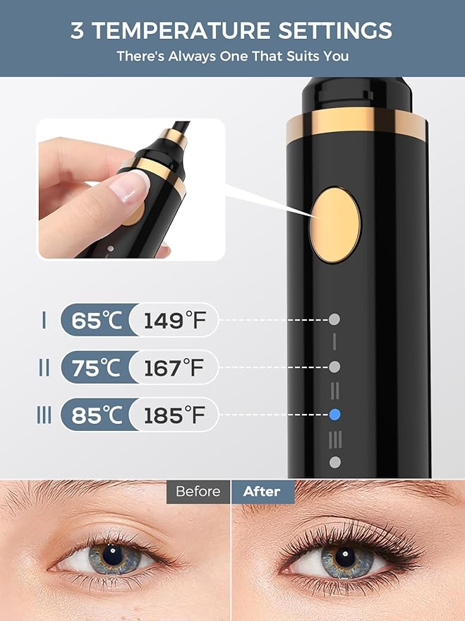 Smiling Shark Heated Eyelash Curler, 360°Wand-Style Heated Lash Brush Rechargeable with 3 Brush Heads & 3 Temp & 5s Fast Heating【Lengthen/Define/Curler】 3-in-1 Lash Curler for All Types of Lashes