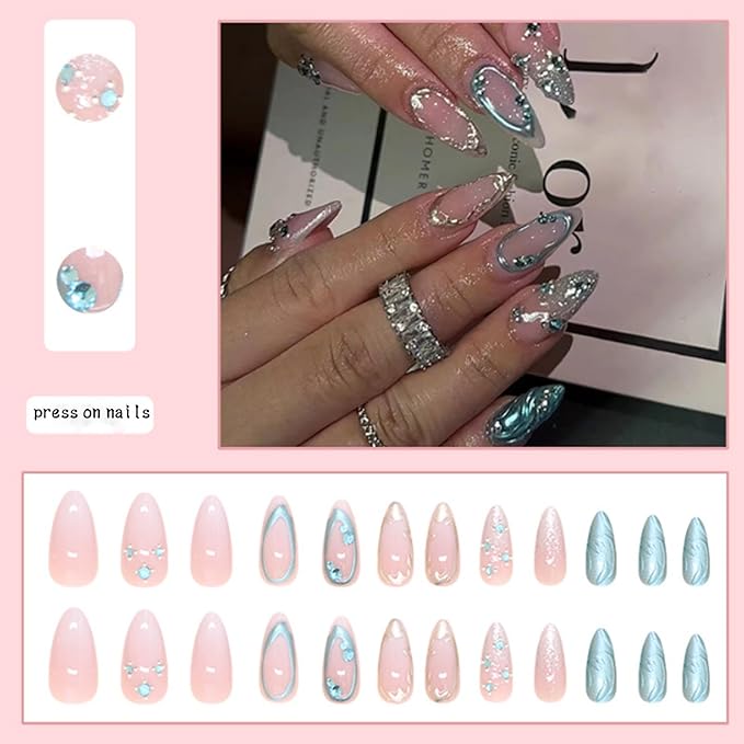 Hkanlre Blue Fake Nails Tips Bling Press on Nails Full Cover Medium Almond False Rhinestones Nails for Women 24PCS