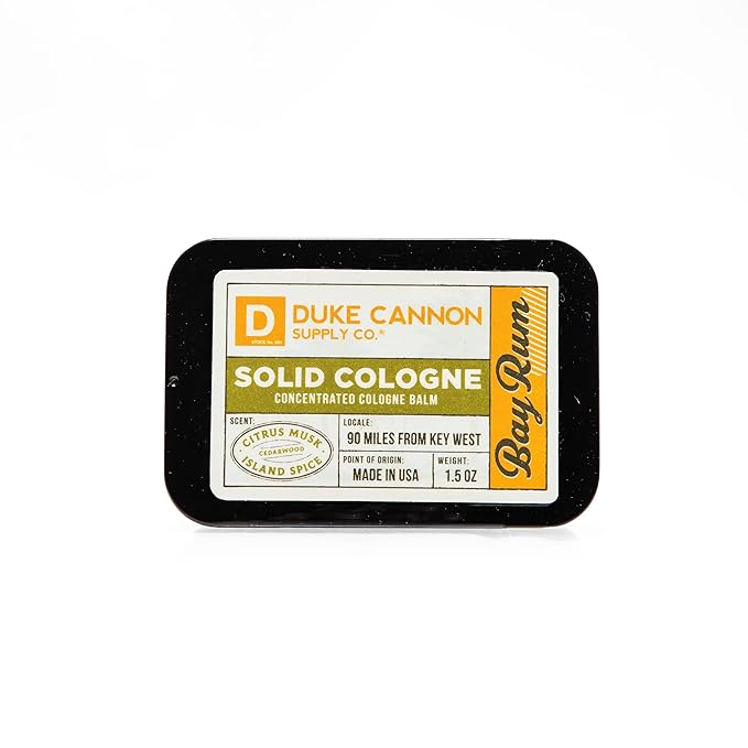 Duke Cannon Supply Co. Solid Cologne for Men Bay Rum (Citrus Musk, Cedarwood, Island Spice) - Concentrated Balm, Travel-Friendly Convenient Tin, 1.5 oz