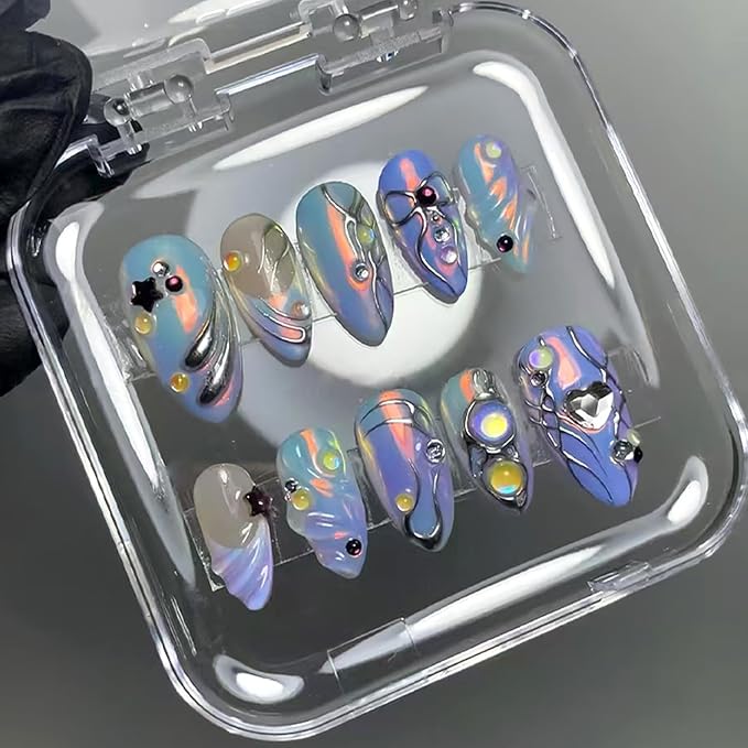 24Pcs Purple French Tip Press on Nails Medium Almond Fake Nails with Black 3D Star Colorful Ripple Design Handmade False Nails Full Cover Artificial Glue on Nails Cute Stick on Nails for Women DIY