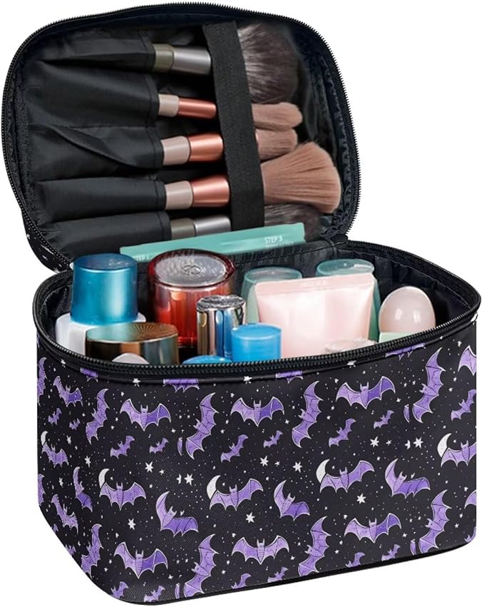 Bat Stars Pattern Travel Makeup Bags for Women Portable Tote Cosmetic Case with Carry Handle Toiletry Accessories Storage Organizer Bags for Halloween
