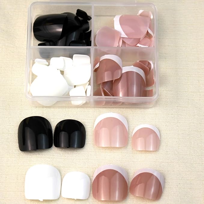 French Tip Press on Toe Nails Short Square Fake Toenails Solid Black White Color Acrylic Toe Nails Glossy Nature Artificial False Nails Glue on Nail for Women Girls Manicure Nail Decoration 24Pcs