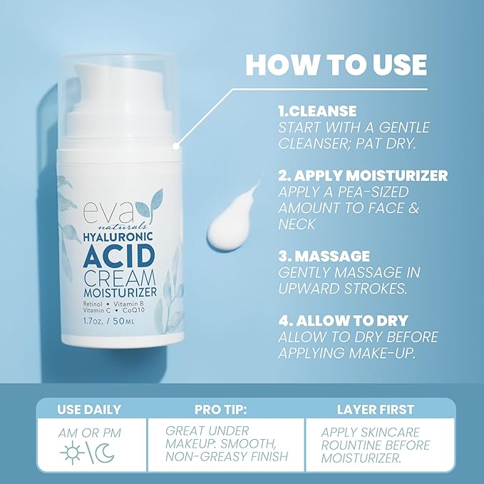 Eva Naturals Hyaluronic Acid Face Cream – Deep Hydration & Firming Moisturizer with Retinol, Vitamin C & Q10 for Anti-Aging, Wrinkle Reduction & Collagen Support – Day & Night Facial Cream - 1.7 Fl Oz