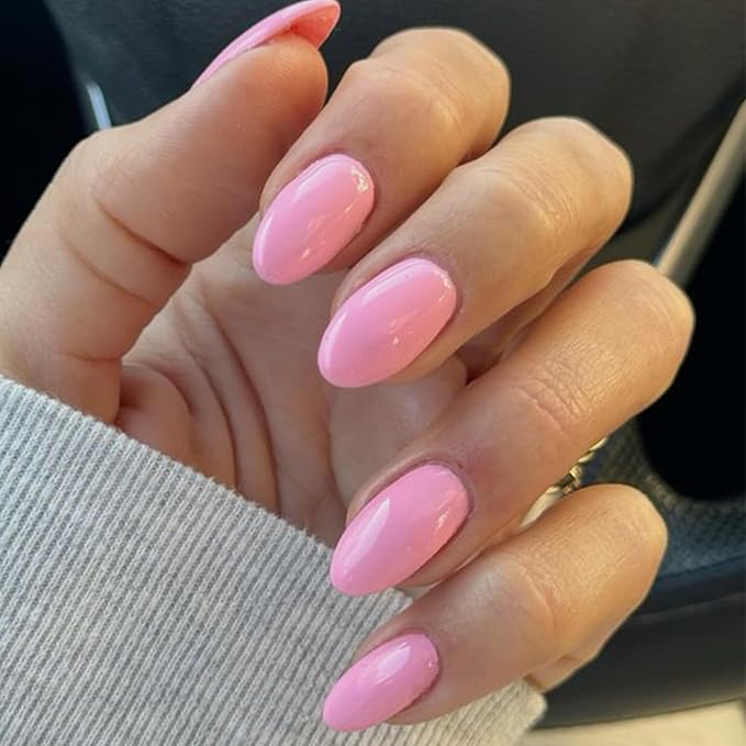 modelones Short Press on Nails, Oval Fake Nails Kit Press Ons with Nail Glue, Adhesive Tabs, Nail File, Prep Pad, Manicure Stick, Pink, 32Pcs 16 Sizes, Christmas