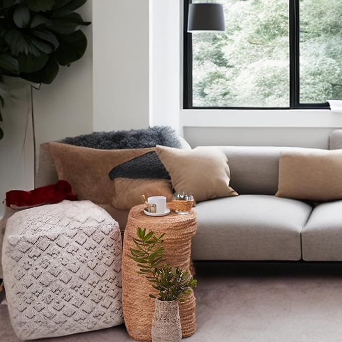 DaDalogy Bedding Dreamy Milky Way White Faux Fur Ottoman Pouf Cover - Purple Undertone Geometric Pattern with Zipper - 1-Piece 18" x 18" x 18"