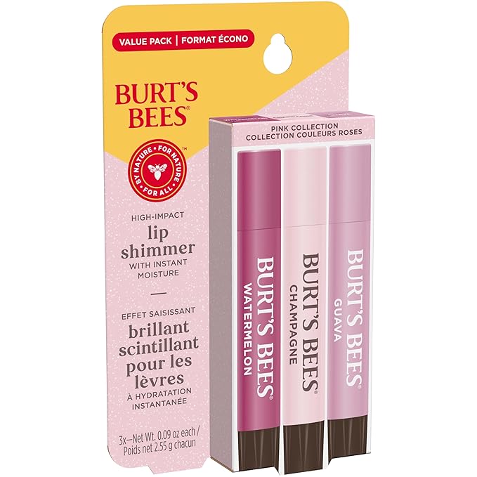 Burt's Bees Lip Shimmer Pink Collection, Tinted Lip Balm Stick, Moisturizing for All Day Hydration with Natural Glowy Pigmented Finish & Buildable Color, 3 Shades; Value Pack, 3 Tubes x 0.09 Oz