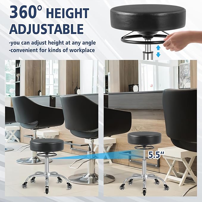 Rolling Stool with Wheels 400lbs Weight Capacity,Heavy Duty Lash Chair Adjustable for Tatoo Lab Massage Salon Spa Drafting Nail Teach,360 Swivel,Leather,Thick Seat Padding (Black)