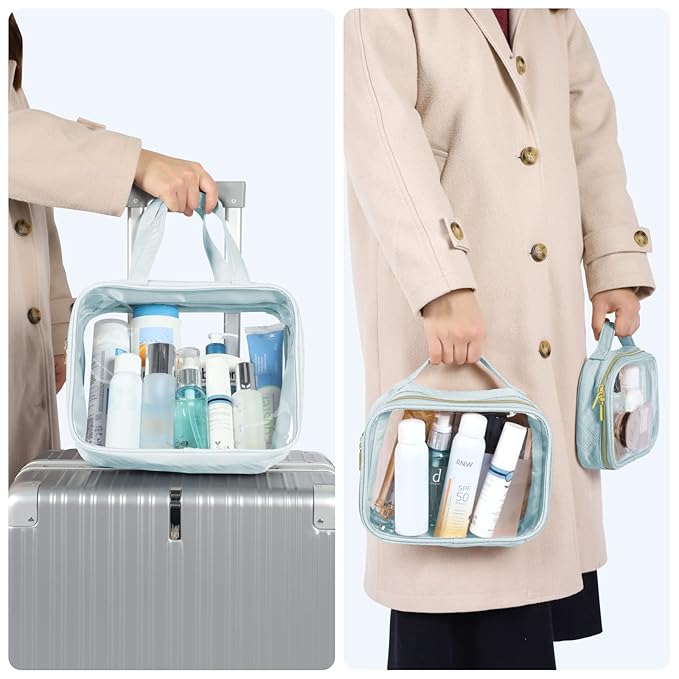 PACKISM Clear Toiletry Bags - 3 Pack Makeup Bags with Handle, Large Opening, Waterproof Cosmetic Bags for Travel Essentials, Grayish Blue