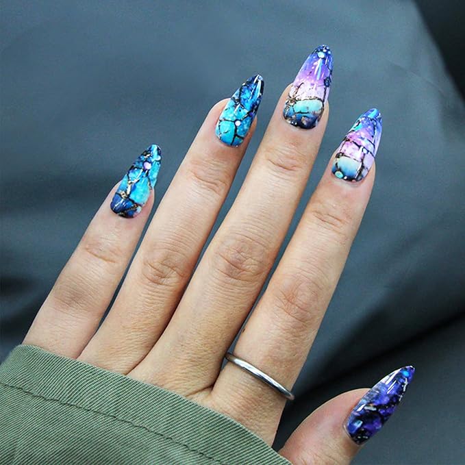 24Pcs Milky Way Press ons Fingernails Starry Sky Press on Nails Glossy Blue Gradient Medium Almond False Nail Curve Gel Glue on Acrylic Fake Nails Purple Ombre Stick on Nail for Holiday Manicure Art