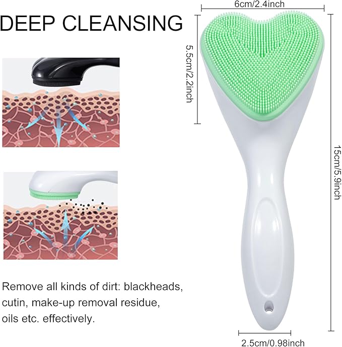 Silicone Face Scrubber Exfoliating Brush 2 Pack, Manual Handheld Facial Cleansing Brush Blackhead Scrubber, Soft Bristles Waterproof for Face Skincare (Black Green,Heart)