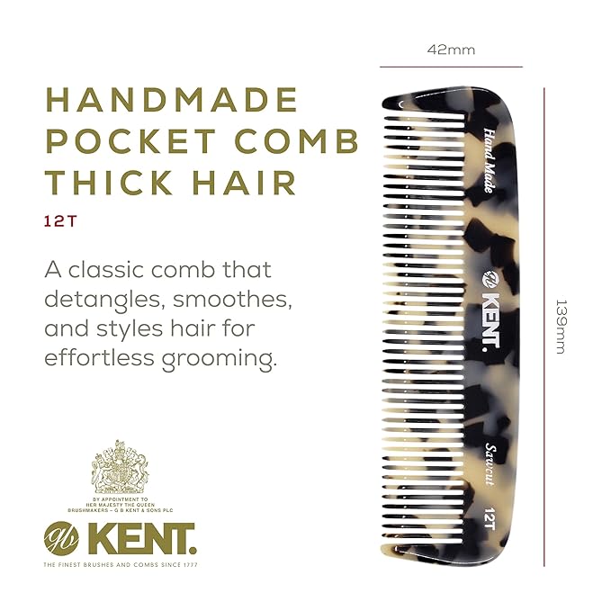 Kent 12T TW Wide Tooth Detangling Comb - Handmade Large Pocket Comb for Thick, Curly, and Wavy Hair Grooming - Saw-Cut Beard and Mustache Comb