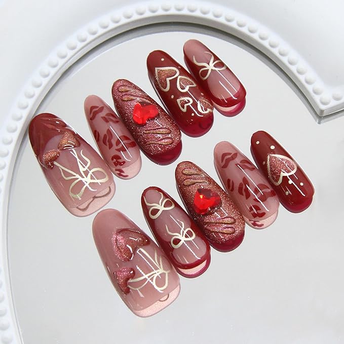 IMRAIN Press on Nails Medium Almonds Fake Nails with Heart Rhinestone Design Glossy Acrylic False Nails Full Cover Stick on Nails Cute Cherry Bow Glue on Nails for Women Manicure 24Pcs