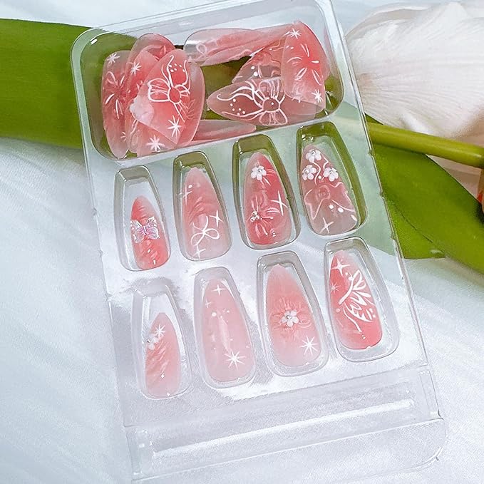 24Pcs Pink Press on Nails Medium Almond Fake Nails with Butterfly Rhinestones Designs 3D Flower False Nails Star Stick on Nails Cute Bow Acrylic Nails Glitter Glue on Nails for Women Nail Supplies