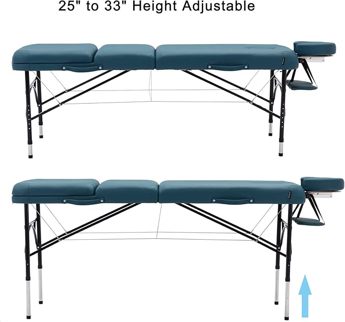 Artechworks 28" Width 3 Folding Portable Lightweight Massage Table Facial Salon Spa Tattoo Bed with Aluminium Leg for Home Office Living Room, Teal Green Color