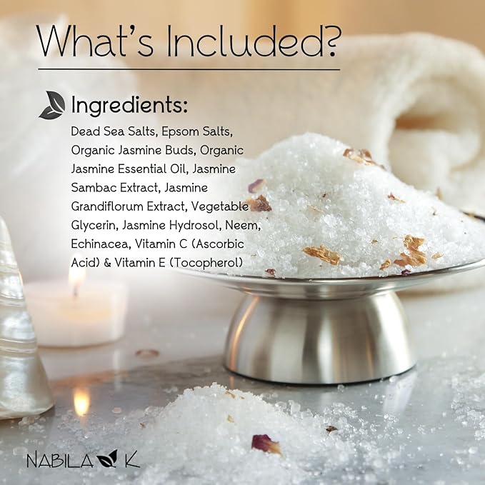Organic Jasmine Bath Salts by Nabila K - Dead Sea Salt & Epsom Salt Scrub & Soak - Exfoliates & Hydrates Skin, Botanical Essential Oils - Bubble Bath Accessories for All Skins Types, 2 oz