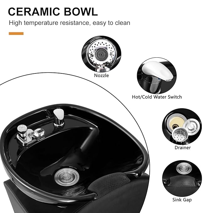 Artist hand Shampoo Bowl, 47" Ceramic Bowl Chair Adjustable Backwash Shampoo Station Footrest Salon Equipment