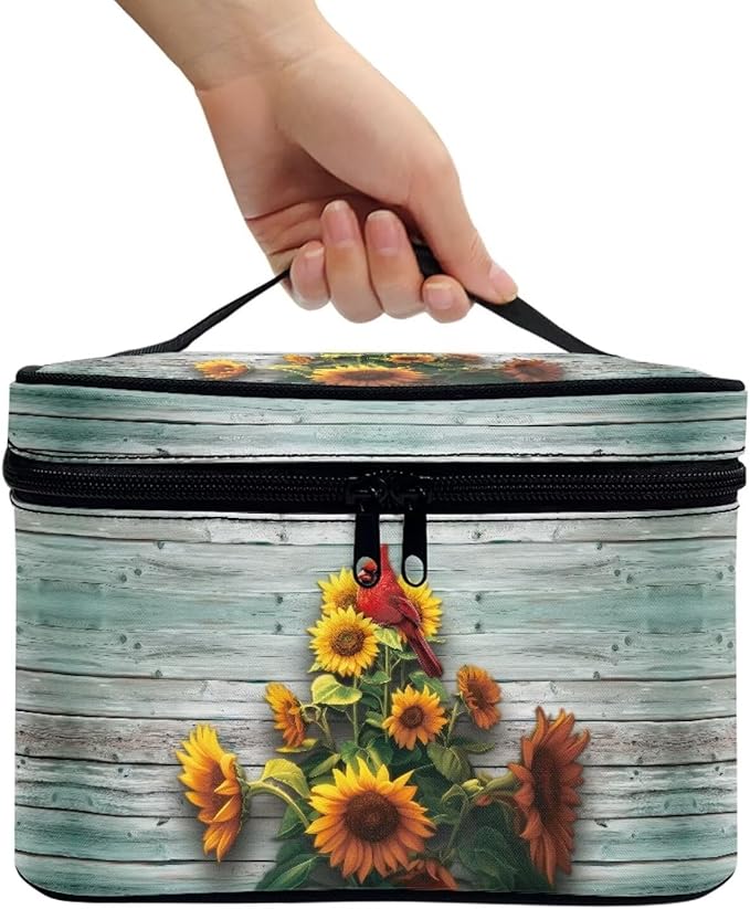 Cardinal Bird and Sunflower Print Travel Makeup Bags for Women Portable Tote Cosmetic Case with Carry Handle Toiletry Accessories Storage Organizer Bags