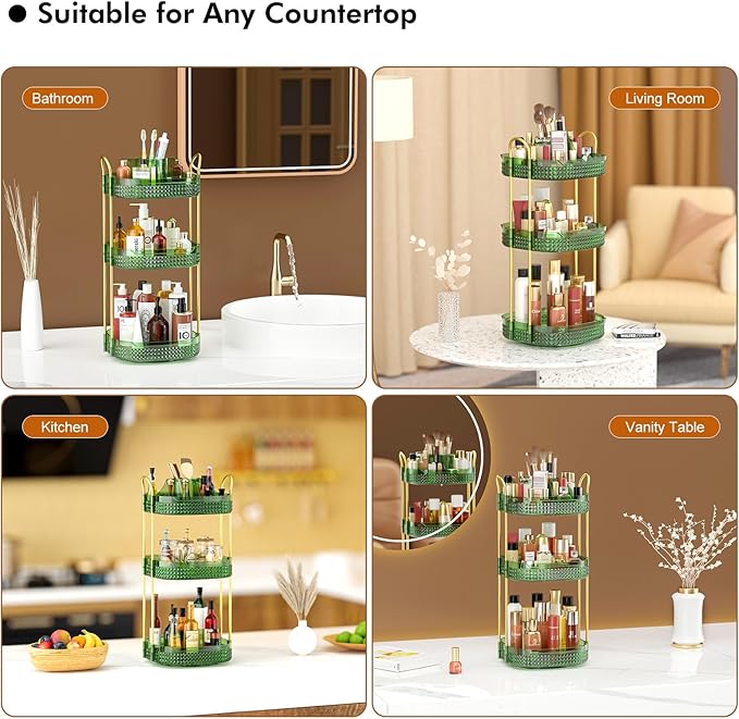 Awenia Rotating Makeup Organizer 360, Stackable Adjustable Large Capacity Cosmetic Storage Unit,Dresser Bathroom Kitchen Countertop Organizer with Metal Handle, Plus Size (Gem Green, 3 Tier)